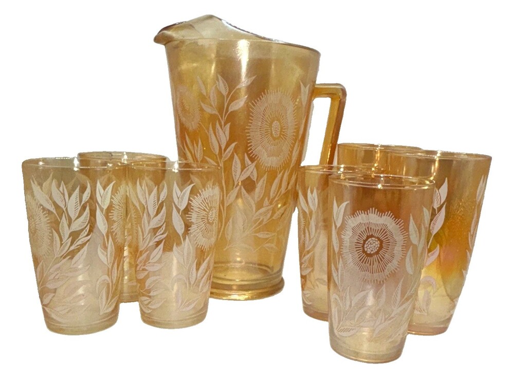 Vintage Jeanette Marigold Carnival Glass Cosmos Pitcher + 7 Juice Glasses
